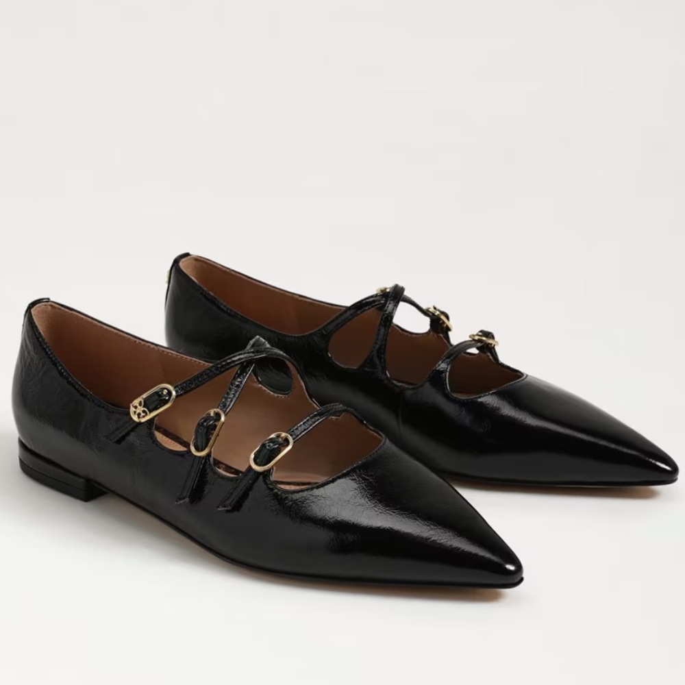 Cass Pointed Toe Strappy Ballet Flat in Glossy Black